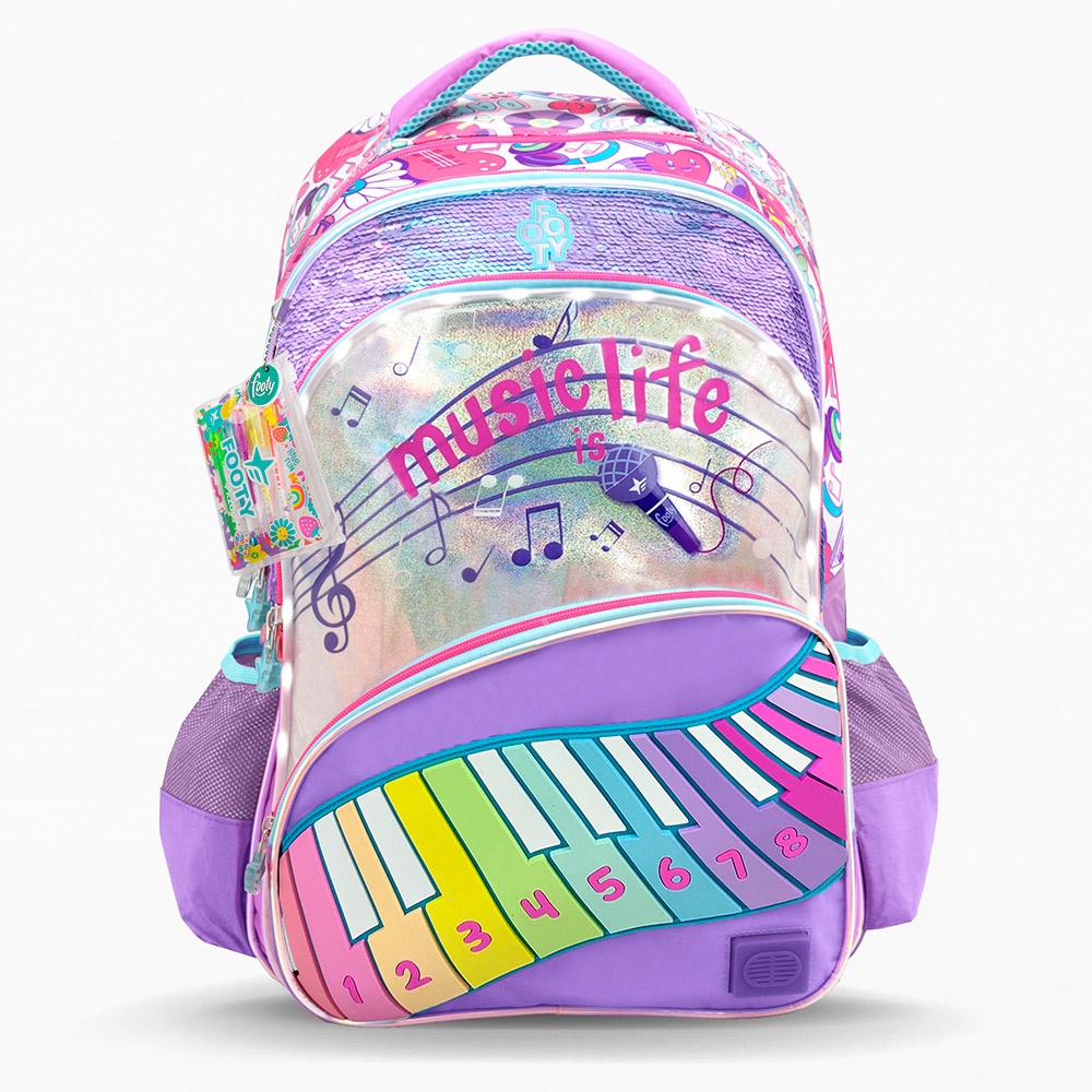 Mochila 18 Con Luz y Musica Life Incluye Estuche Roller Tinta Gel x 5 Footy Varios Colores F26413