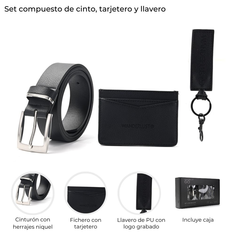 Set Cinto Tarjetero y Llavero Wanderlust Negro 43418