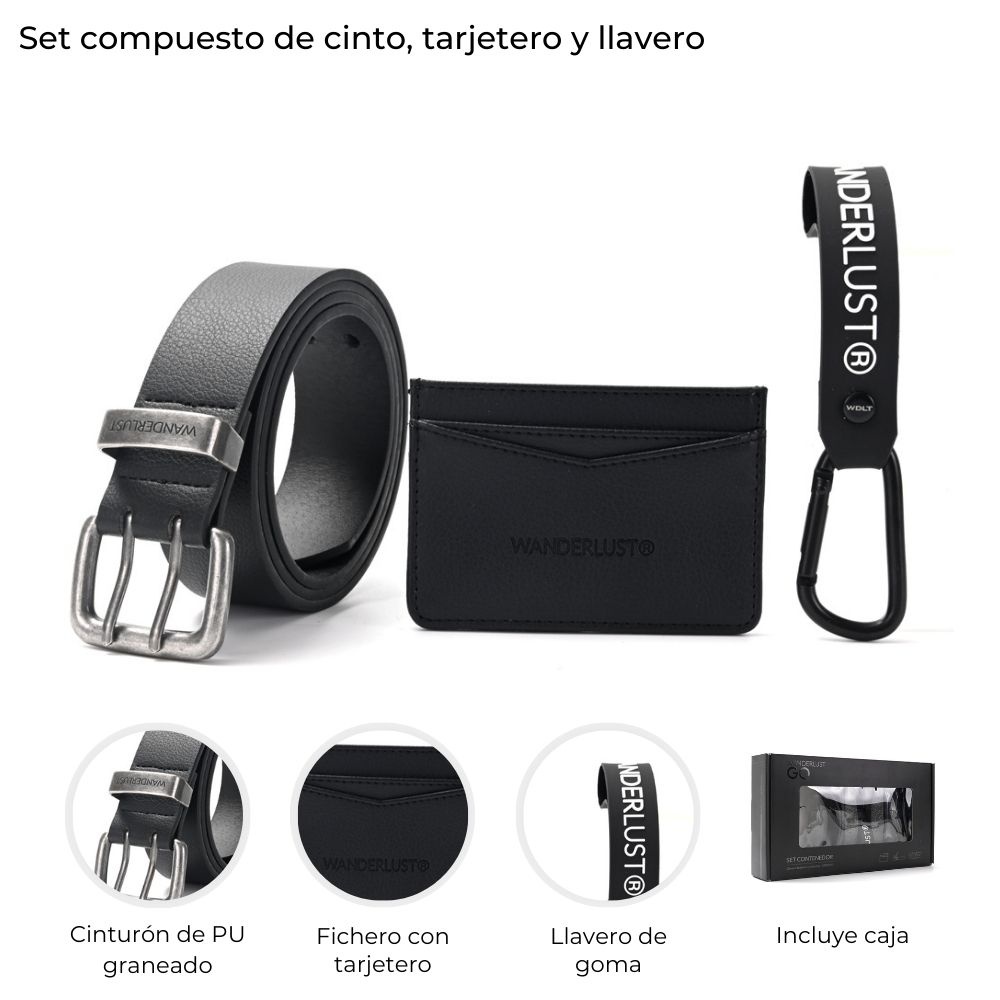 Set Cinto Tarjetero y Llavero Wanderlust Negro 43419